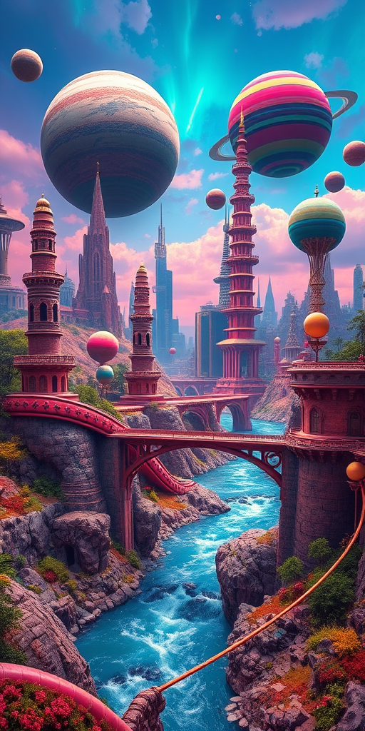 fantastical landscape with vibrant colors, otherworldly architecture, floating planets, and a bridge over a shimmering river, captured with a Canon EOS R5, 24mm lens, f/1.8, ISO 100, using a wide-angle perspective and long exposure for enhanced detail and clarity