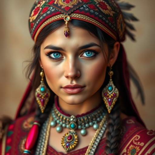 Create a portrait of a beautiful First Nations woman with striking blue eyes and a gentle expression. She is adorned in traditional attire with intricate patterns, including a richly embroidered headscarf and matching garments. Her jewelry includes a delicate headpiece, dangling earrings, and ornate bracelets, all featuring vibrant gemstones and detailed metalwork. The background is soft and warm, enhancing the rich colors of her outfit and jewelry.