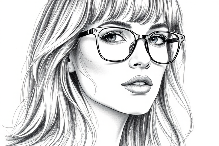 Beautiful Cameron Diaz, pencil sketch, portrait of beautiful woman 60s in glasses, hair style beatnik, outline, clear lines, fine lines, 8k