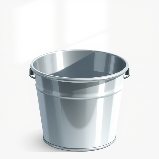 Create a highly detailed illustration of a metallic bucket in a minimalist style, with soft shadows and highlights, using a Canon EOS 5D Mark IV, f/8 aperture, 50mm lens, and natural lighting from above to enhance the texture and depth of the bucket.