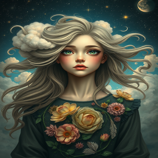 Create a series of imaginative portraits where each subject is infused with elements of fantasy and nature. The hair of the individuals should flow like clouds, varying from soft, fluffy cumulus to wispy cirrus strands, with hints of color reflecting a sunset or a clear blue sky. The eyes should be windows to entire galaxies, with stars, nebulae, and distant planets visible within them. Clothing should be adorned with nature motifs, such as floral patterns that bloom and change, vines that seem to grow and wrap around, or feathers that shimmer with iridescence. Each portrait should capture a unique personality, blending human features with the ethereal beauty of the natural and cosmic world. The backgrounds can vary, from starry night skies to enchanted forests, adding depth and context to the magical realism of the portraits