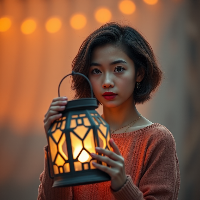 Regenerate an image of a young woman with short, wavy hair holding a glowing lantern, set against a softly lit background with warm golden tones, using a Canon EOS R5 camera, 50mm lens, f/1.8 aperture, ISO 100, 1/200s shutter speed, with soft focus and high dynamic range.