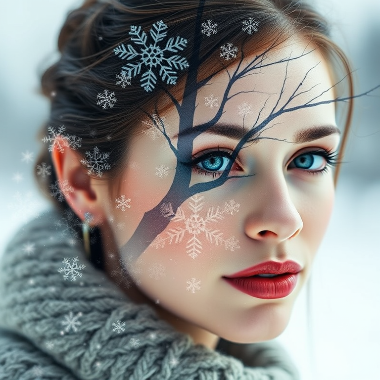 Generate a high-resolution artistic portrait featuring a woman's face blended with intricate snowflake and tree branch designs, captured with a DSLR camera at f/1.8, ISO 100, 50mm lens, natural lighting, and a shallow depth of field to enhance detail and texture.
