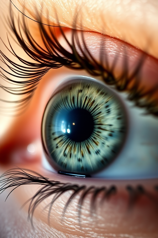 create a hyper-realistic illustration of a detailed eye with striking eyelashes and intricate iris patterns, shot with a DSLR camera at f/1.8, ISO 100, 50mm lens, macro view, during soft natural lighting conditions
