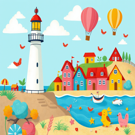 Create a vibrant, whimsical illustration featuring a seaside scene with a lighthouse, colorful houses, a hot air balloon, and playful creatures, using a DSLR camera with a 50mm lens, f/2.8 aperture, ISO 100, and a focus on bright, saturated colors for a playful, cartoon-like style.