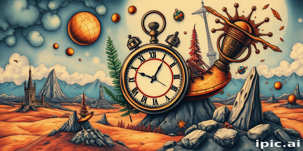 Surrealist tattoo named "Dreamscape Fusion" blending elements of nature and technology in a mind-bending composition with Salvador Dali-inspired melting clocks and floating objects in a otherworldly landscape