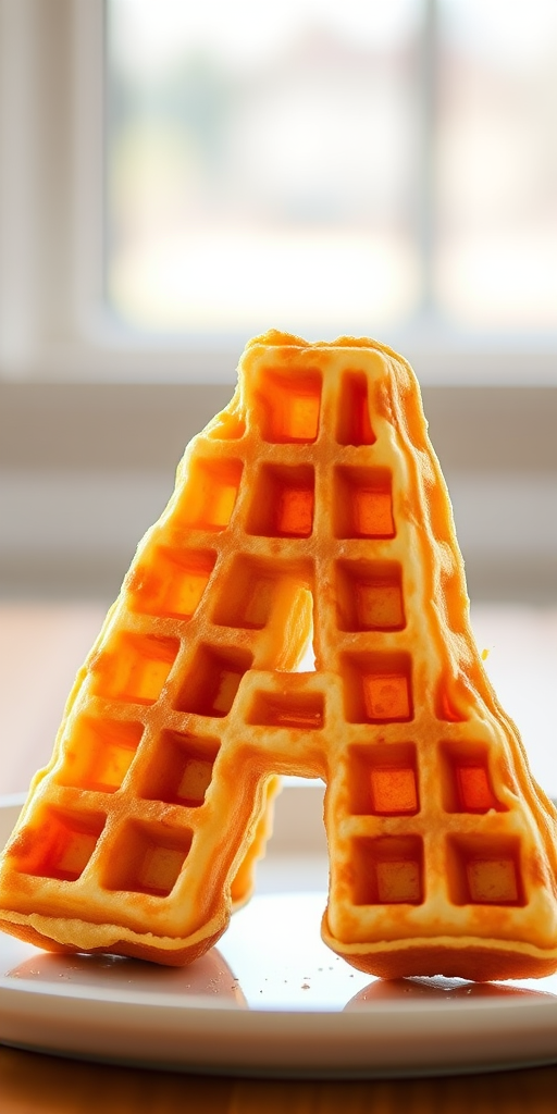 Create a highly detailed, high-resolution image of a waffle shaped like the letter A, captured with a DSLR camera at f/2.8, ISO 100, in natural light, at a 45-degree angle view with a soft focus background to enhance the texture and color of the waffle.