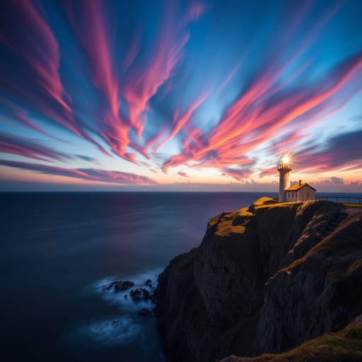 Capture a dramatic seascape of a lighthouse on a cliff at twilight with vibrant clouds streaking across the sky, using a Canon EOS R5, 24mm lens, f/11 aperture, ISO 100, long exposure of 30 seconds, and a wide-angle view to enhance the serene atmosphere and illuminate the lighthouse beam.