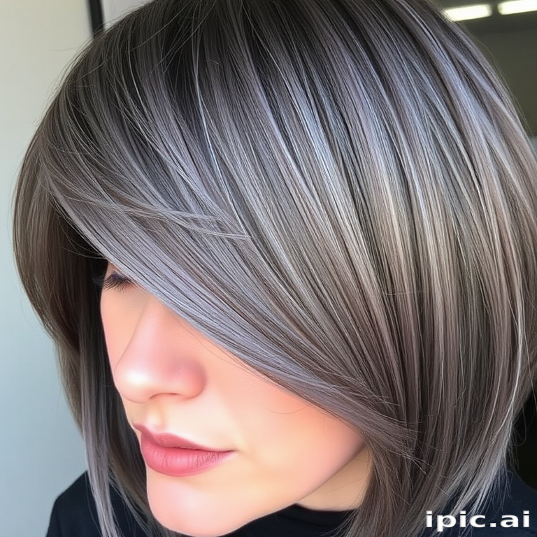 Sophisticated close-up featuring Smoky Quartz strands, a blend of cool grays and subtle lavender undertones, cut into a sharp, angled lob with side-swept bangs
