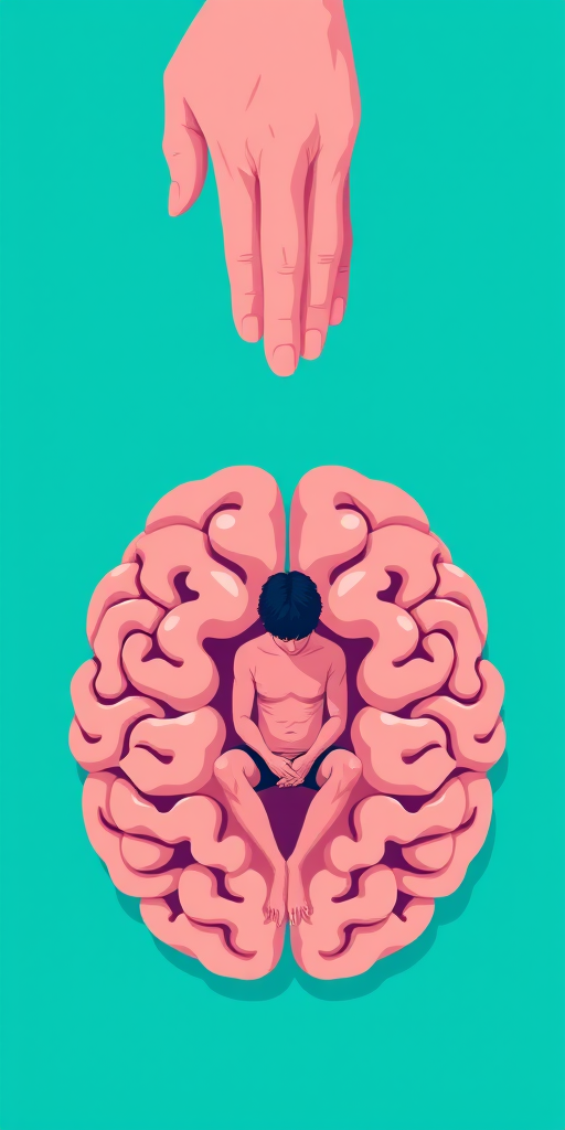 Create a digital illustration of a person sitting in a fetal position between two large, stylized brain shapes, with a large hand reaching down from above, using a vibrant turquoise background, shot with a Canon EOS R5 at f/4, ISO 100, 1/200s, in a top-down view, with a modern minimalist vector art style.