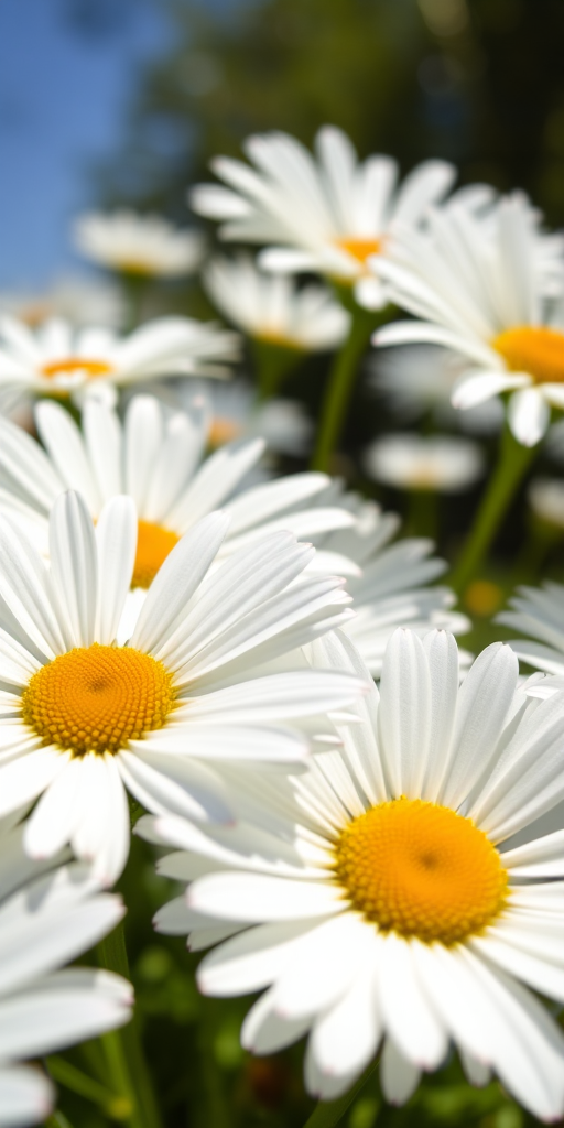 macro shot of white daisies in natural sunlight, f/2.8 aperture, 1/500 sec shutter speed, ISO 200, taken with a DSLR camera from a low angle to capture depth and detail in the petals.