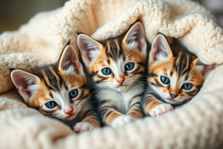 three adorable kittens nestled in a soft, cozy blanket, shallow depth of field, natural soft lighting, 50mm lens, f/1.8, ISO 200, Canon EOS R5, portrait view, high resolution