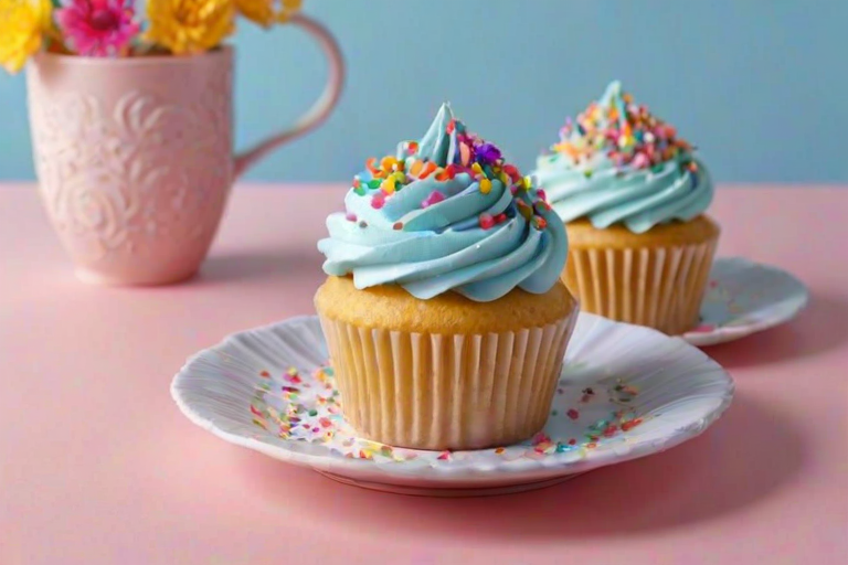 Generate an image of delicious cupcakes with swirls of light blue frosting, topped with colorful sprinkles. The scene should be bright and cheerful, featuring a pastel-colored background with a playful table setting. Include a pink fork beside the plate of cupcakes.