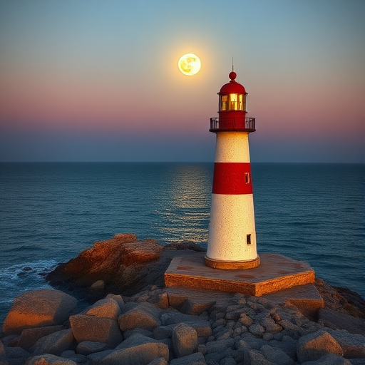 Generate a high-resolution digital painting of a lighthouse by the ocean under a full moon, captured with a Canon EOS 5D Mark IV, 50mm lens, f/1.4 aperture, ISO 100, shot at dusk with HDR technique for enhanced detail and colors.