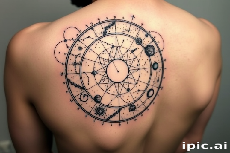Mesmerizing dotwork tattoo depicting an intricate celestial map with constellations and planets, tiny precise dots forming subtle gradients and textures, monochromatic black ink for a timeless and elegant appearance