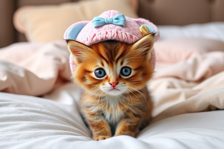 A cute fluffy kitten wearing a pink stuffed animal hat with a blue bow sitting on a bed surrounded by soft blankets and pillows. The kitten has large expressive eyes and a playful demeanor.