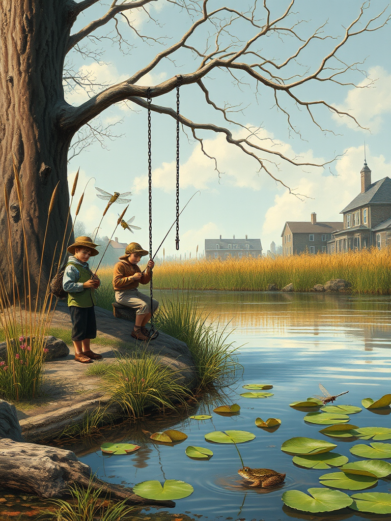 Imagine a small group of old fashioned young boys out fishing by the creek, a swing hanging from a tree branch, reeds and grasses by the water's edge, a frog sitting on a lily pad, dragonflies hovering over som water plans, a very iconic old fashioned scene reminiscent of a Norman Rockwell painting style