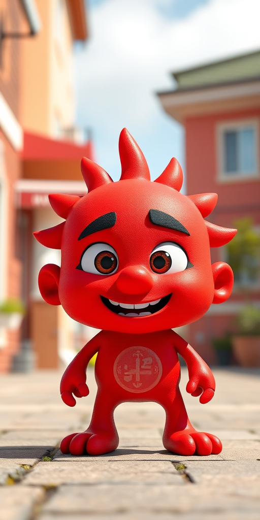 Create a vibrant cartoon-style image of a red character with stylized features, using a DSLR camera with a 50mm lens, f/1.8 aperture, ISO 100, in bright daylight, with a focus on sharp details and a slightly blurred background.