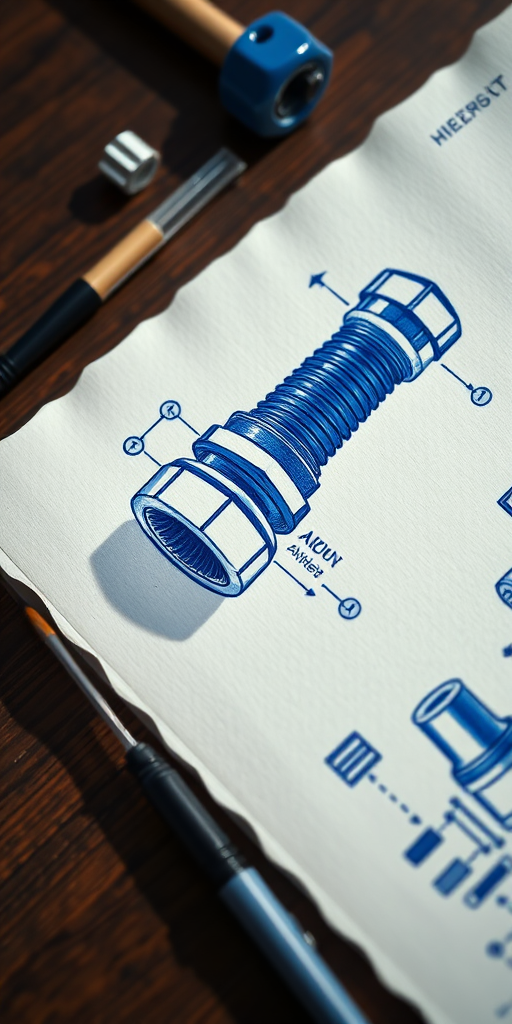 Create a highly detailed technical drawing of a mechanical screw and various attachment components, using blue ink on textured paper, captured with a DSLR camera at f/8 aperture, ISO 100, 50mm lens, top-down view to emphasize precision and clarity, with natural lighting to enhance shadows and highlights.