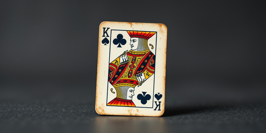 Generate a high-resolution image of a vintage playing card featuring the King of Clubs, shot with a 50mm lens at f/2.8, ISO 100, in natural soft light, using a DSLR camera from a straight-on angle to capture intricate details and textures.