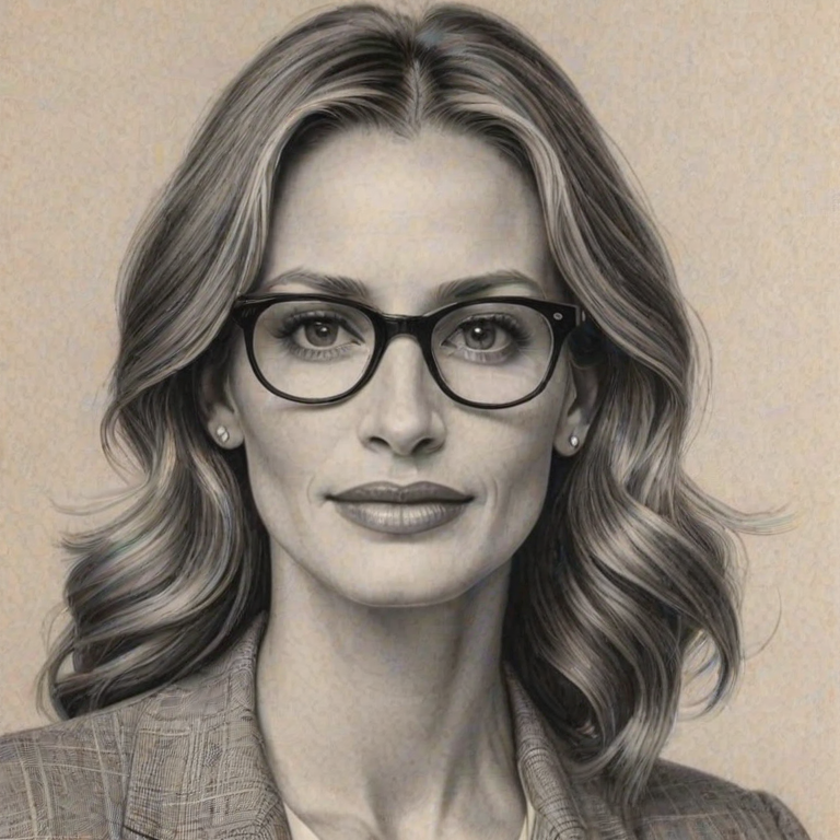 Enchanting Julia Roberts, pencil sketch, portrait of Sublime woman 1938s in glasses, hair style beatnik, outline, clear lines, fine lines, 8k