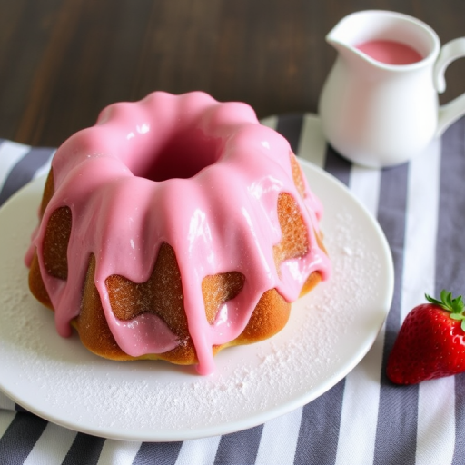 A delicious pink frosted bundt cake on a white plate with powdered sugar and a strawberry on the side, with a small pitcher of pink glaze in the background on a striped cloth.