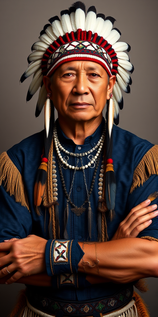 Create a dignified portrait of a Native American man dressed in traditional attire. He wears a beautifully crafted headdress adorned with white feathers and red beads, along with a beaded headband featuring intricate patterns. His clothing includes a deep blue, patterned shirt and a traditional chest piece with detailed beadwork. His arms are crossed, displaying leather armbands decorated with feathers. The background is simple and neutral, emphasizing his proud and stoic expression. The overall image captures the rich cultural heritage and strength of his persona.