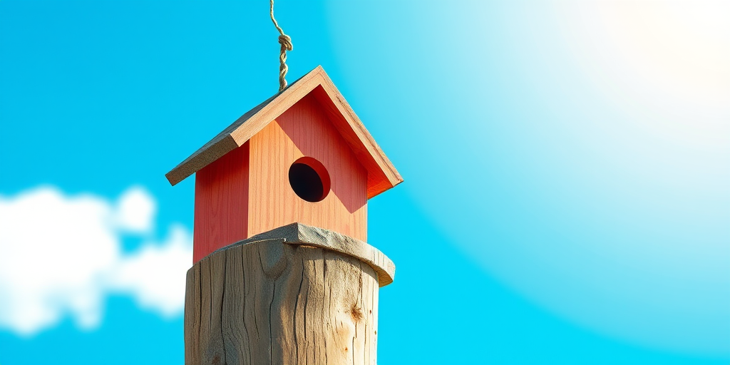Create a highly detailed and vibrant illustration of a birdhouse perched on a wooden post against a bright blue sky, using a DSLR camera with a wide-angle lens at f/8, ISO 100, and a shutter speed of 1/200 seconds, capturing a clear view with a soft focus on the background for depth.