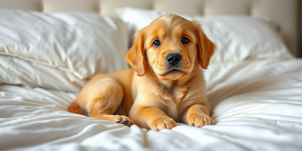 Generate an image of a golden retriever puppy lying on a bed with fluffy white pillows and a soft blanket the puppy has a curious expression and its paws are resting on the blanket the background is softly lit creating a cozy atmosphere