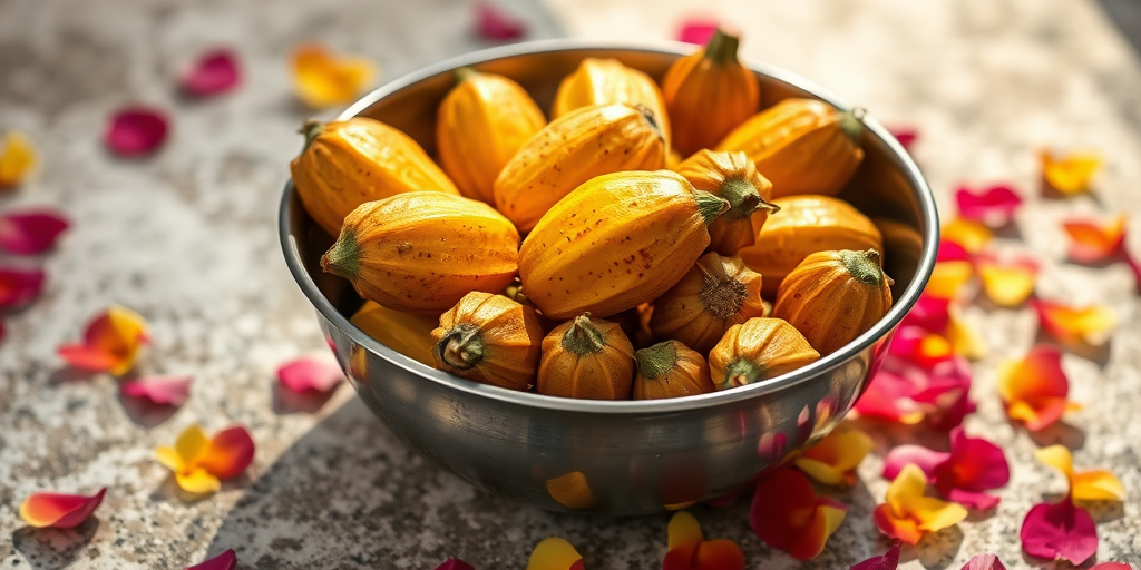 a stainless steel bowl filled with fresh jackfruit pods on a textured surface with flower petals scattered around, taken with a DSLR camera, 50mm lens, f/2.8 aperture, 1/60 sec shutter speed, natural lighting from the side to enhance colors and details