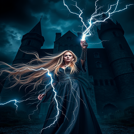 Generate a high-fantasy scene featuring a powerful sorceress with long flowing hair wielding lightning, standing in front of a dark medieval castle with stormy skies, using a Canon EOS R5 at f/1.8, ISO 100, 1/200s, with a wide-angle lens, low-angle perspective, and dramatic lighting to enhance details and atmosphere.