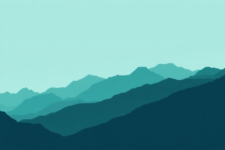 Generate a minimalist landscape illustration with layered mountains in shades of teal and white lines defining the peaks, using a DSLR camera with a 50mm lens, aperture f/2.8, ISO 100, shot from a slightly elevated angle for depth.