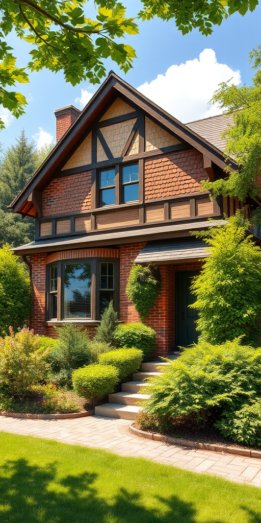create a high-resolution digital illustration of a traditional house with a combination of brick and wood features surrounded by lush green landscaping, captured in a wide-angle view using a DSLR camera, aperture f/8, ISO 100, 24mm lens, vibrant colors for clarity and detail in sunny daylight.