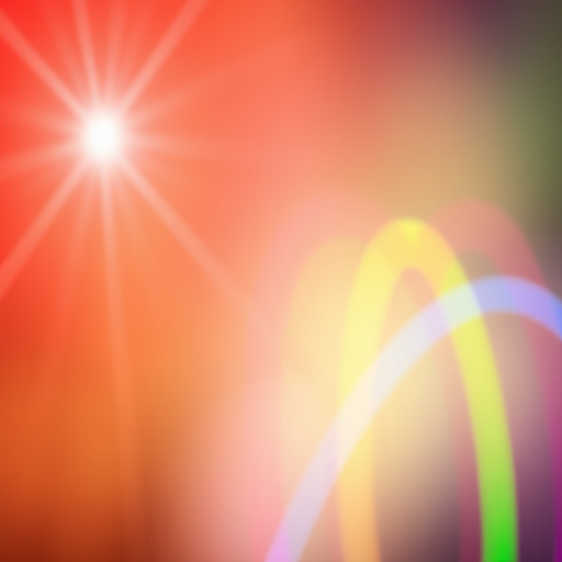 Generate a vibrant abstract light streaks background with a gradient of colors including red, orange, yellow, green, blue, and purple, with a bright lens flare effect, captured with a DSLR camera at f/8 aperture, ISO 100, and a 50mm lens, using a long exposure technique for enhanced light diffusion and texture.