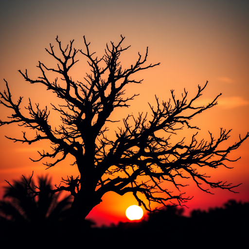 Generate a high-quality silhouette of a tree against a sunset background, using a DSLR camera with a 50mm lens, aperture set to f/8, ISO 200, shutter speed 1/200s, shot from a low-angle view to capture the intricate branches and vibrant colors of the sunset, in a panoramic style for a wider perspective.