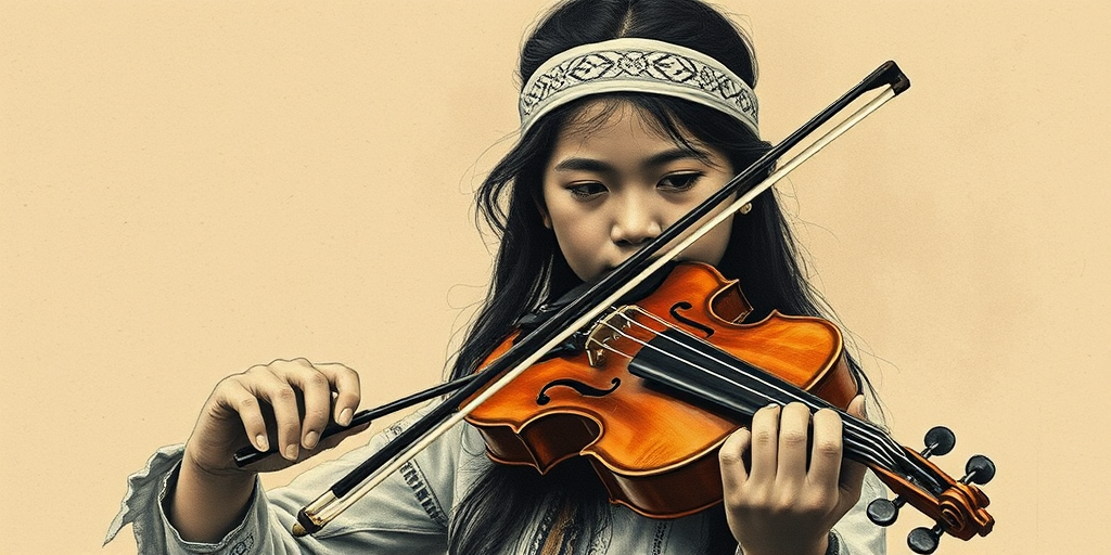a young First Nations woman with a white headband playing a violin, in the style of a charcoal drawing, sepia grunge background