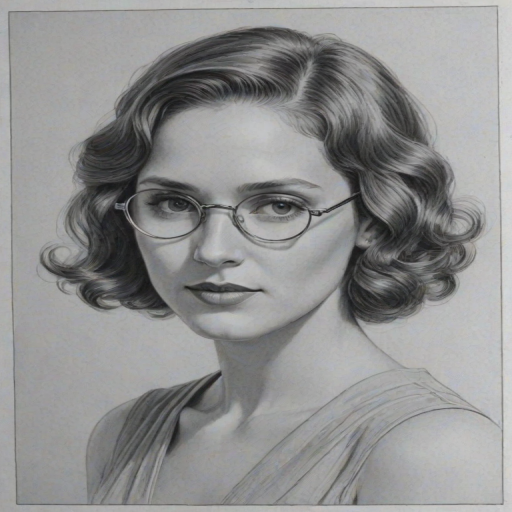 Comely Amy Jo Johnson, pencil sketch, portrait of Graceful woman 1930s in glasses, hair style beatnik, outline, clear lines, fine lines, 8k