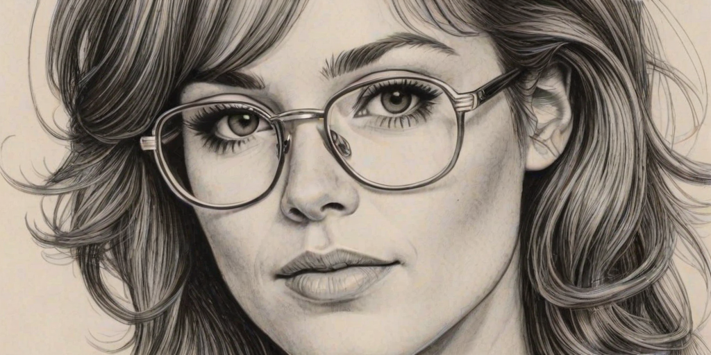 Resplendent Kimberly Caldwell, pencil sketch, portrait of Comely woman 1970s in glasses, hair style beatnik, outline, clear lines, fine lines, 8k