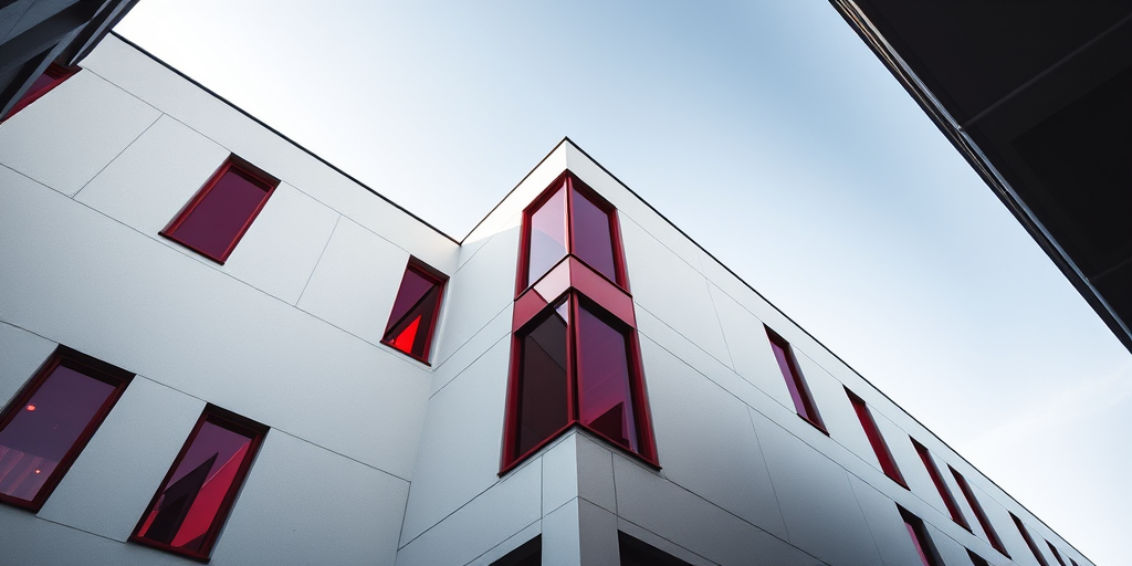 Create a high-contrast architectural photograph of a modern building with prominent red accent windows, taken with a DSLR camera at f/8 aperture, ISO 200, 1/250 sec shutter speed, in natural light, with a wide-angle lens from a low angle perspective to emphasize the structure's geometry.