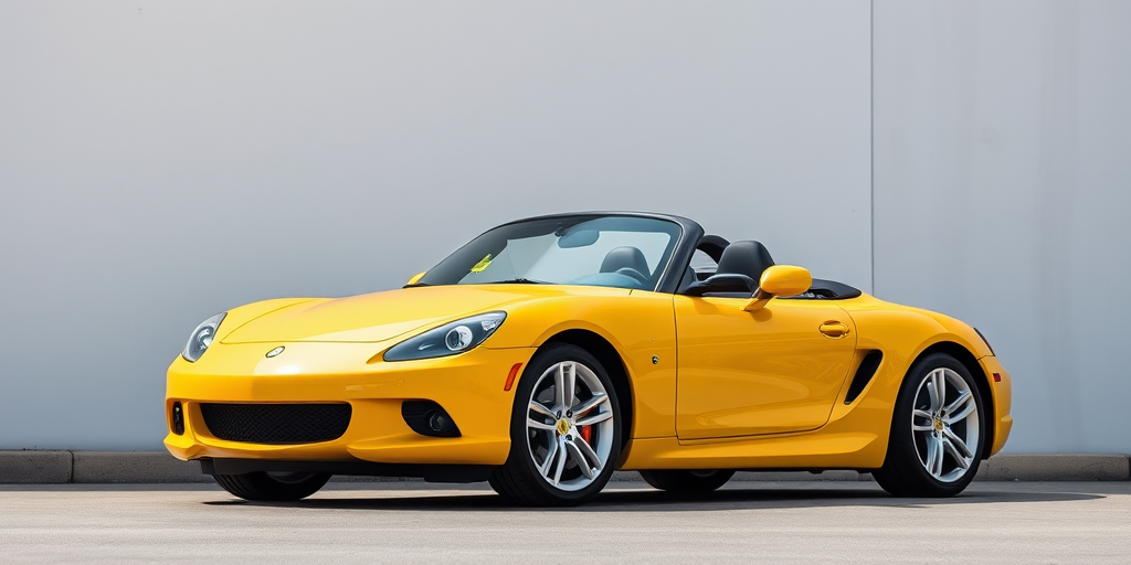 regenerate an image of a sleek yellow convertible sports car parked against a minimalistic background, using a Canon EOS R5 camera with a 50mm lens, aperture set to f/1.8, ISO 100, captured from a low angle view to emphasize the car's sleek lines and details, natural lighting for vibrant color accuracy, and a slight vignette effect to focus on the car.