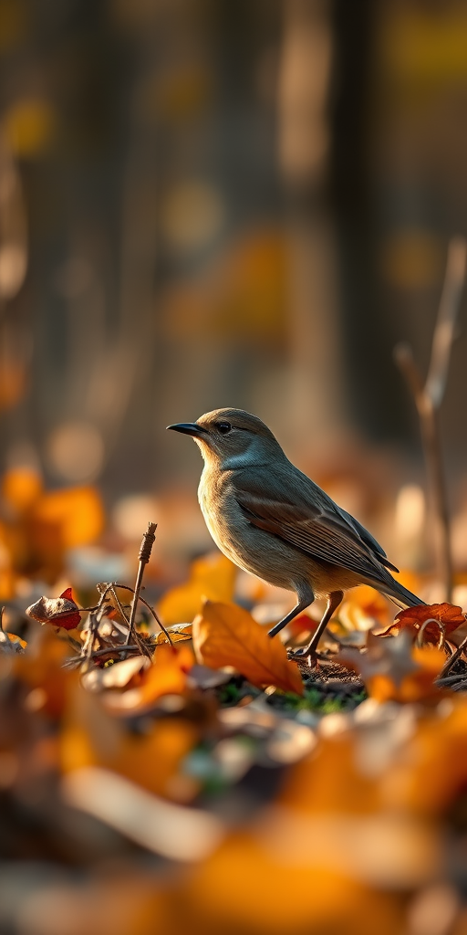 Capture a detailed image of a bird in a autumn forest setting, shallow depth of field, f/2.8 aperture, ISO 100, 50mm lens, soft golden hour lighting, DSLR camera.
