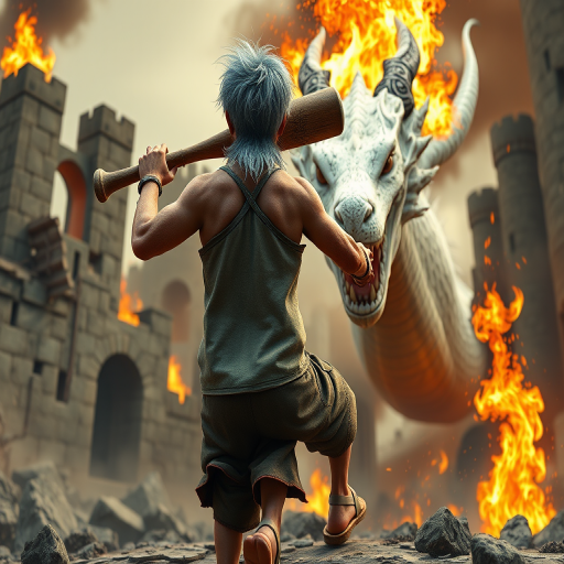 Cartoon 3D High-Resolution,dynamic battle scene using Unreal Engine 5 and Octane Render. The scene features back of an elderly, thai man with a beard,messy hair and round golden-rimmed glasses. He is wearing a tattered tank top with soot marks, shorts, and sandals. sweating. he wields a baseball bat. He jump to fight with a white fire-breathing Europe dragon amidst a partially destroyed stone castle. Include intense flames, smoke, and debris to enhance the dramatic effect.