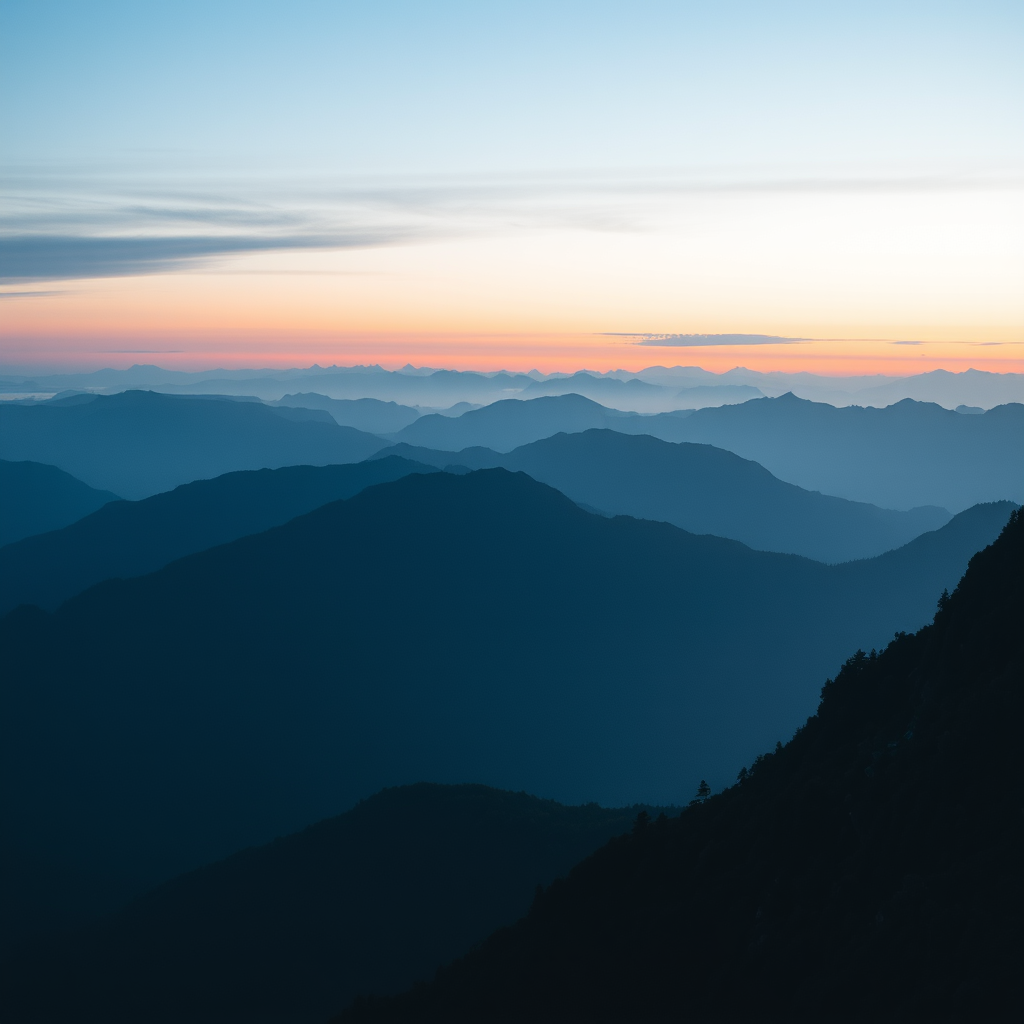 Create a serene mountain landscape during twilight with layers of blue and gray mountains shrouded in mist, using a Canon EOS R5 camera, 24mm focal length, f/8 aperture, ISO 100, capturing a panoramic view.