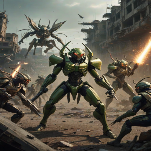 A squad of insect commandos, led by a towering mantis wielding dual energy katanas, is posed in a battle-ready stance. The mantis's sharp claws and the glowing swords create a dynamic contrast against the swarm of heavily armored beetles and ants behind it, armed with a mix of traditional human firearms like assault rifles and futuristic laser cannons. They stand in a desolate, war-torn landscape with crumbling structures in the distance, preparing for a final assault. The scene evokes a feeling of intense preparation, like something from a gritty, dystopian sci-fi war movie.