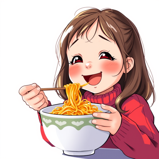 Create a vibrant illustration of a young girl in a red sweater joyfully eating noodles from a bowl, with a playful expression, using a high-quality digital art style; camera settings: f/2.8, ISO 100, 1/60s; camera view: close-up; camera style: illustrative; camera type: digital illustration.