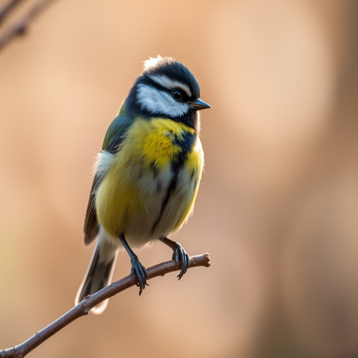 a vibrant great tit perched on a branch in soft morning light, shallow depth of field, 35mm lens, aperture f/2.8, ISO 200, focus on the bird with a blurred background, high-resolution DSLR camera