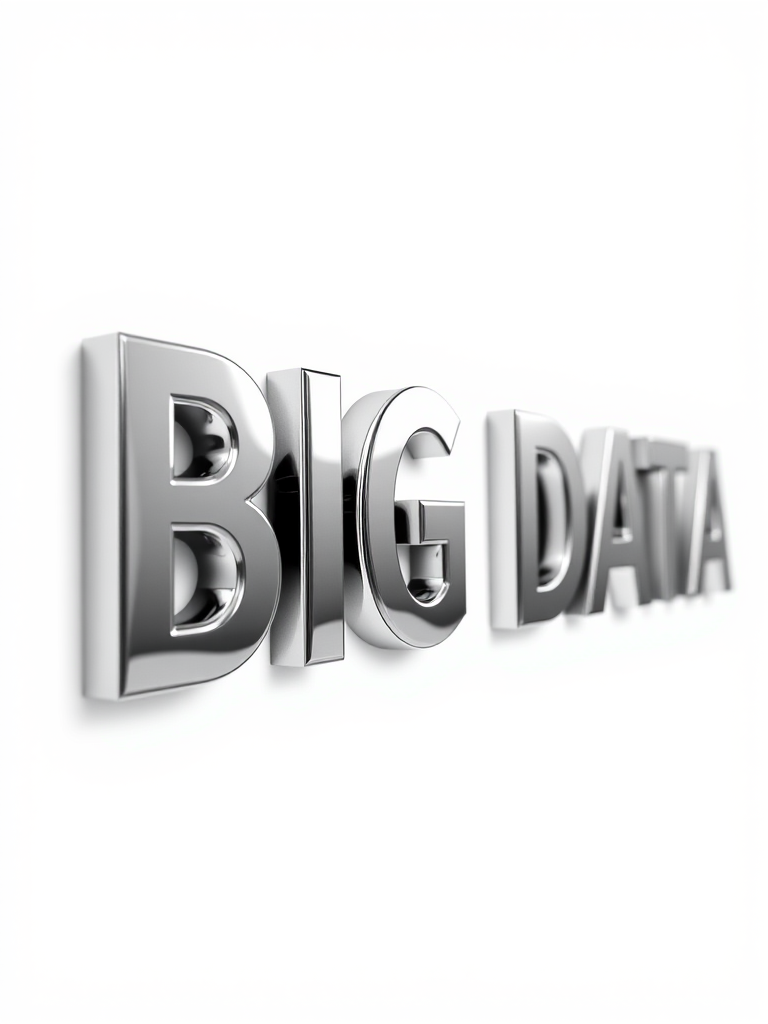 Create a high-resolution illustration of the text "BIG DATA" in shiny metallic letters with a reflective surface, use a 50mm lens, f/2.8 aperture, 1/250 sec shutter speed, and a depth of field effect, shot from a slightly low angle to emphasize the text against a clean white background.