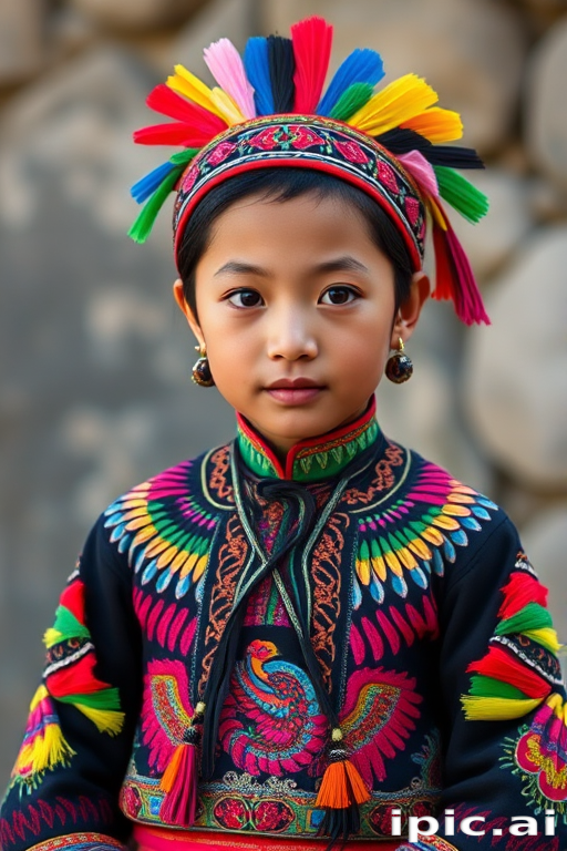 A beautiful Miao girl, wearing colorful bird clothing with vibrant colors