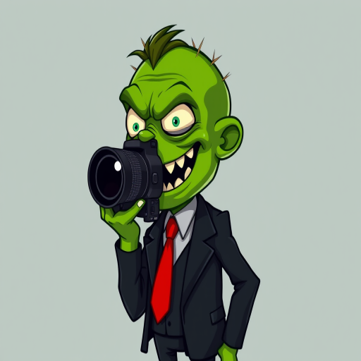 Create a cartoonish green monster character with exaggerated features, wearing a black suit and a red tie, set against a simple, solid background, using a DSLR camera with a 50mm lens, aperture f/2.8, shutter speed 1/100s, in a vibrant and colorful style.