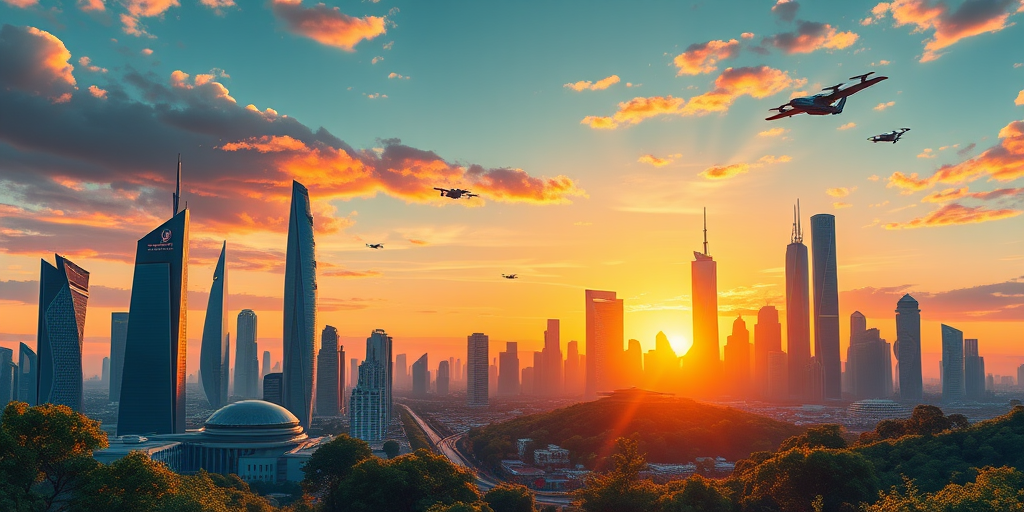 Generate a detailed vector illustration of a futuristic city skyline at sunset with vibrant colors, featuring sleek skyscrapers, flying vehicles, and lush greenery, captured with a DSLR camera at f/2.8, ISO 100, with a wide-angle lens, shooting from a high vantage point for a panoramic view.
